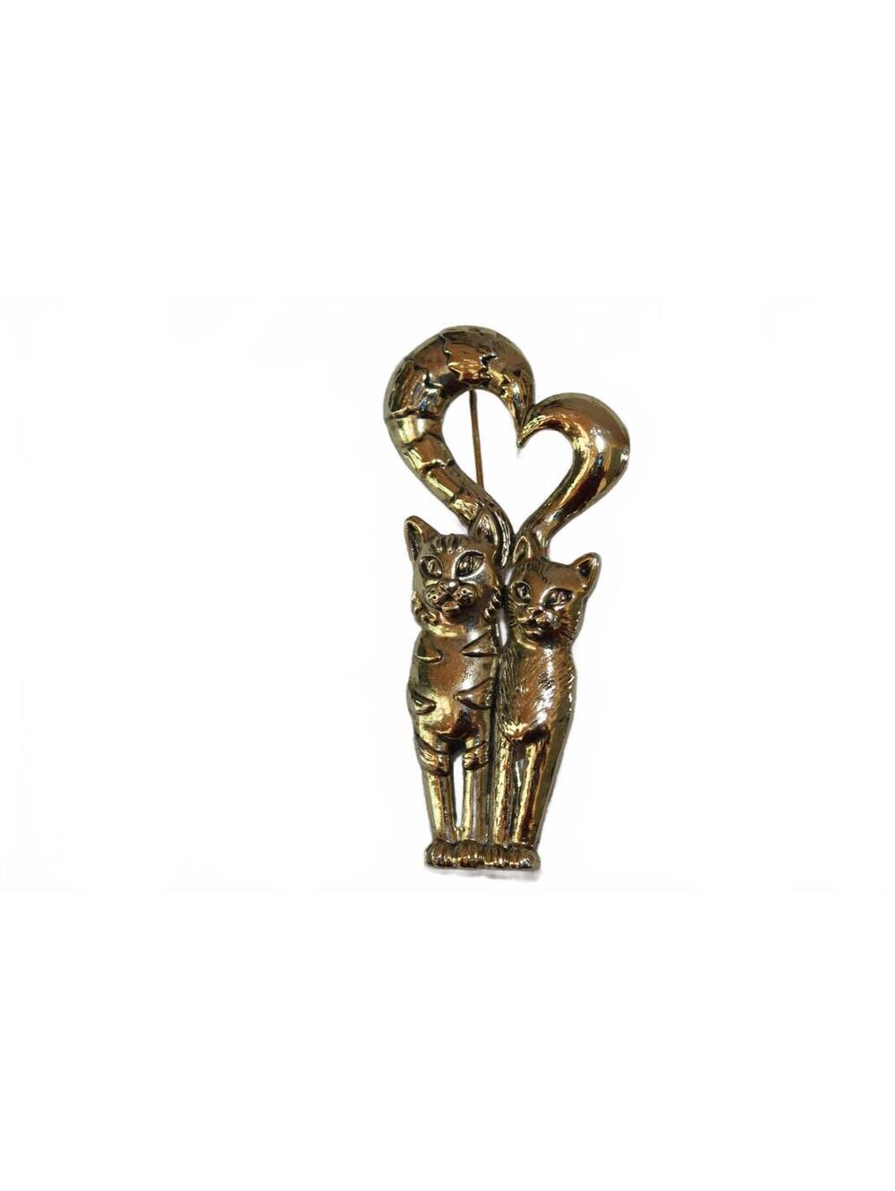 Vintage AJC Cat Couple Brooch Pin Gold Tone Heart Tail Design Signed